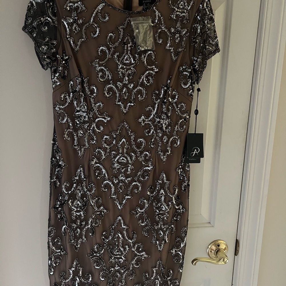 Adrianna Papell Taupe Evening Dress with Silver Sequin Embellishment